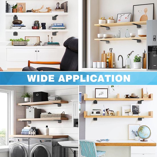 Collage de diverses applications de supports d'étagères noirs dans un salon, une cuisine et une buanderie.