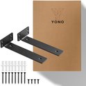 Deux équerres d'étagère en métal noir YONO, 20cm, avec vis et chevilles, à côté d'une boîte en carton.