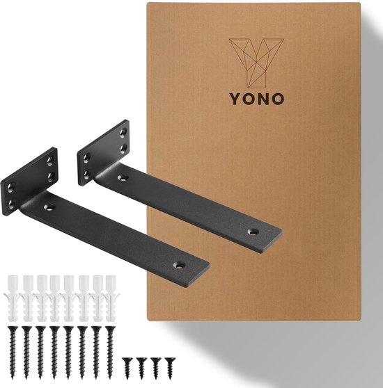 Deux équerres d'étagère en métal noir YONO, 20cm, avec vis et chevilles, à côté d'une boîte en carton.