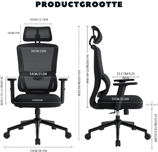Eucladoceros Ergonomische Bureaustoel - Hoge Rug Bureaustoel met Verstelbare Lendensteun, 2D Hoofdsteun & Armsteun - 120° Schommelende Bureaustoel, Zwart