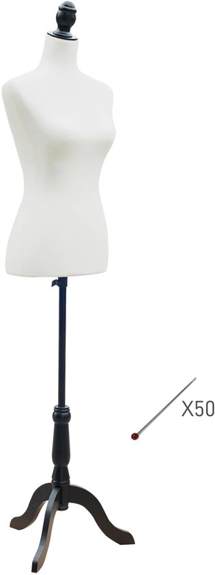 Buylin Paspop - Paspop Dames - Etalagepop Vrouw - Etalagepop Torso - Naai Mannequin - Verstelbare Hoogte 130-168 cm - Wit/Zwart Hout