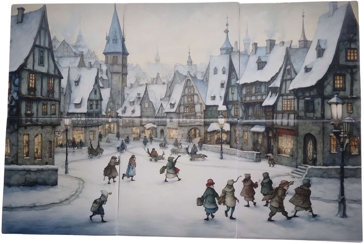 MadDeco Nederlands fabrikaat Winters tafereel Anton Pieck stijl op plateau van 6 tegels Friese Witjes 13 x 13 cm per tegel