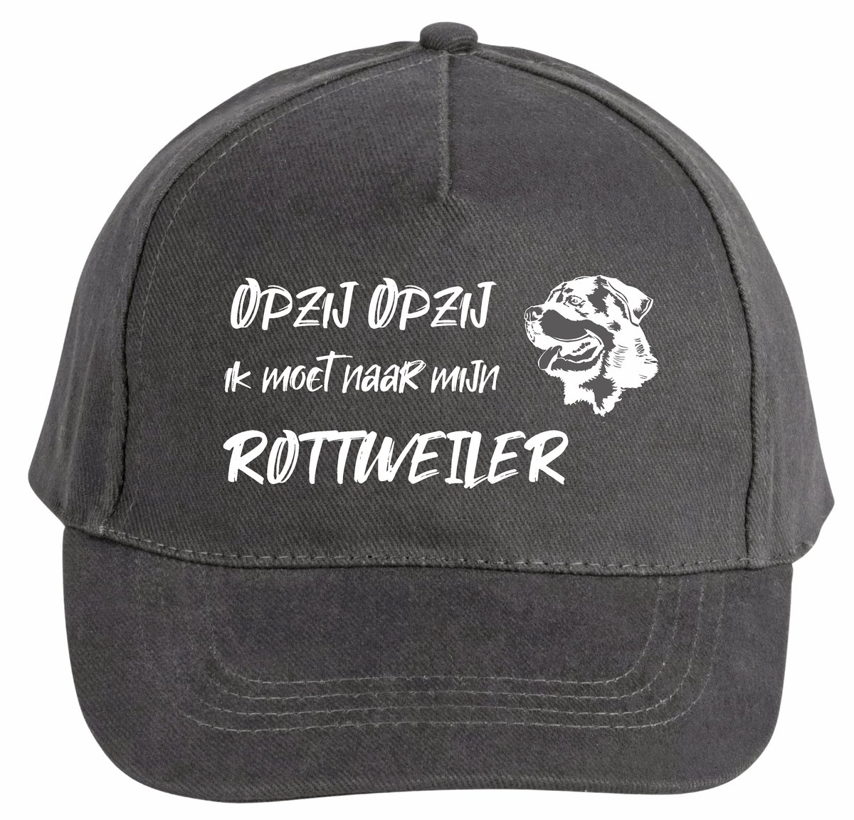 Mijncadeautje - 5 panel - Cap - Verstelbaar - Pet van 100% dik geborsteld katoen- unisex - opdruk wit - opzij opzij naar mijn rottweiler - chique grijs