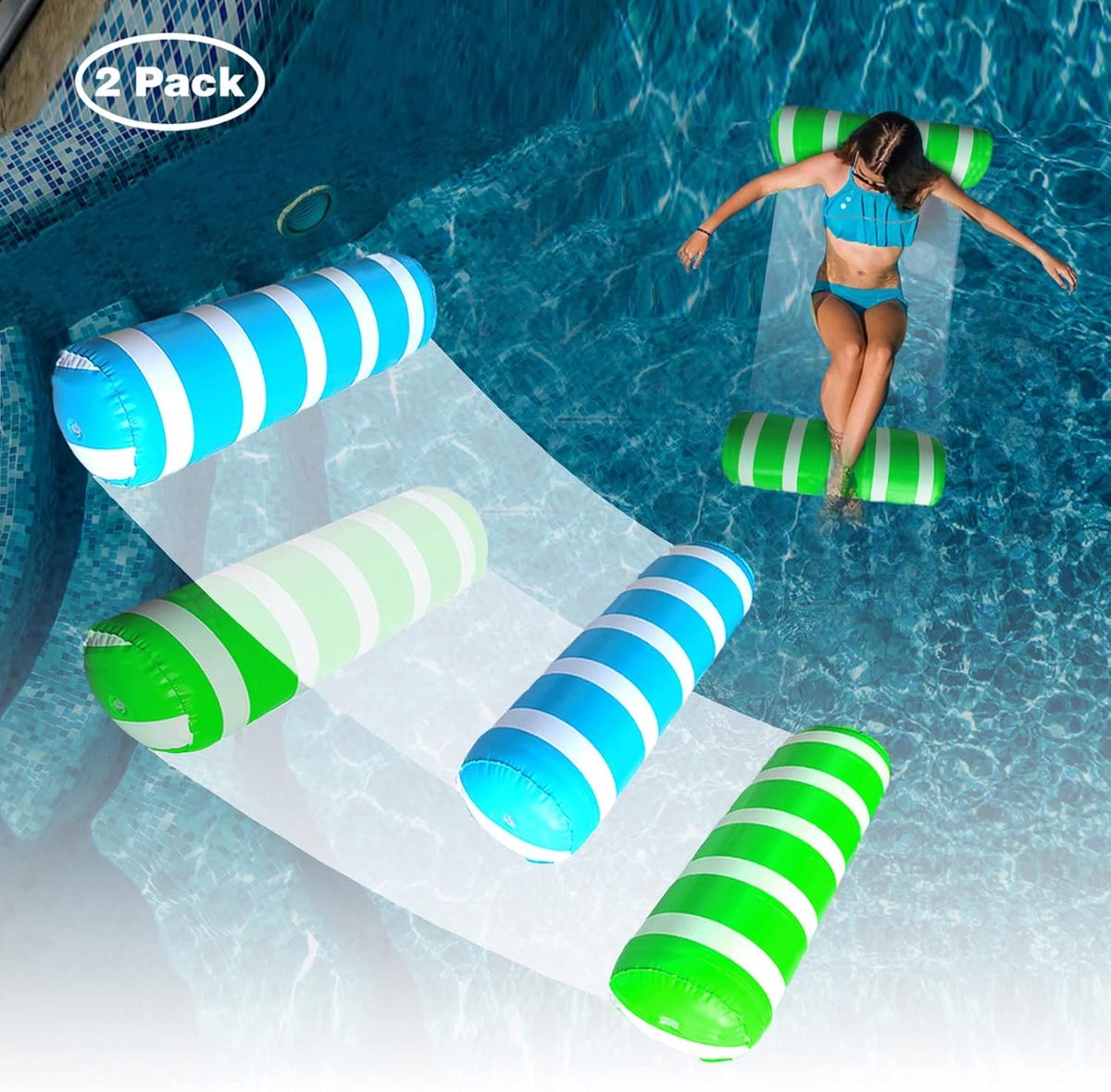Travelhawk Waterhangmat - 2 Stuks - Waterhangmat Volwassenen - Water Hangmat - Luchtbed Zwembad - Luchtmatras Zwembad - Waterspeelgoed - Groen en Blauw — afbeelding 8