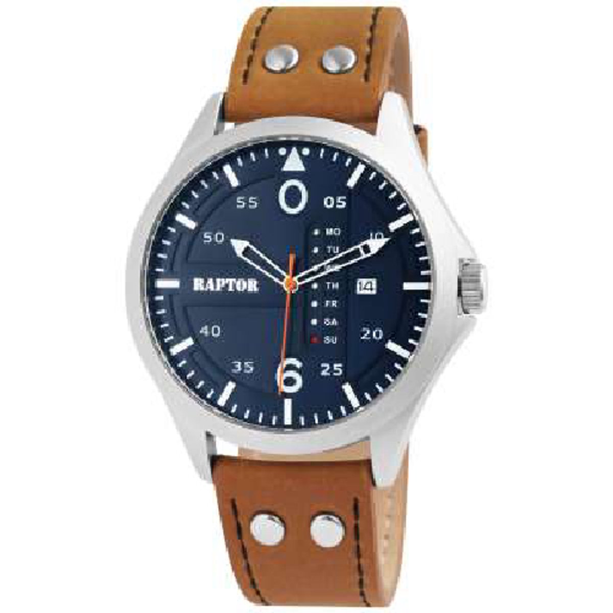 Raptor-ra20264-001-Herenhorloge-bruin leder-dag en datum-5atm waterdicht-donkerblauwe wijzerplaat-diameter 46 mm