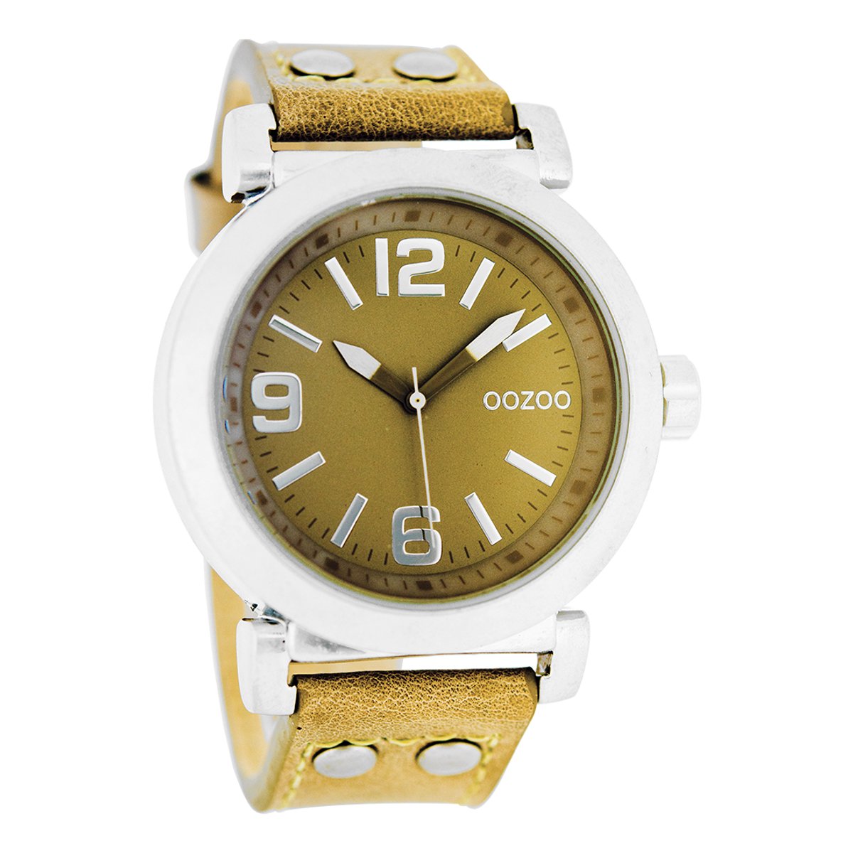 OOZOO Timepieces - Zilverkleurige horloge met mosterd gele leren band - C4455