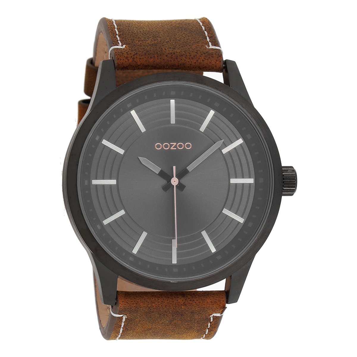 OOZOO Timepieces - Zwarte horloge met donker bruine leren band - C9077