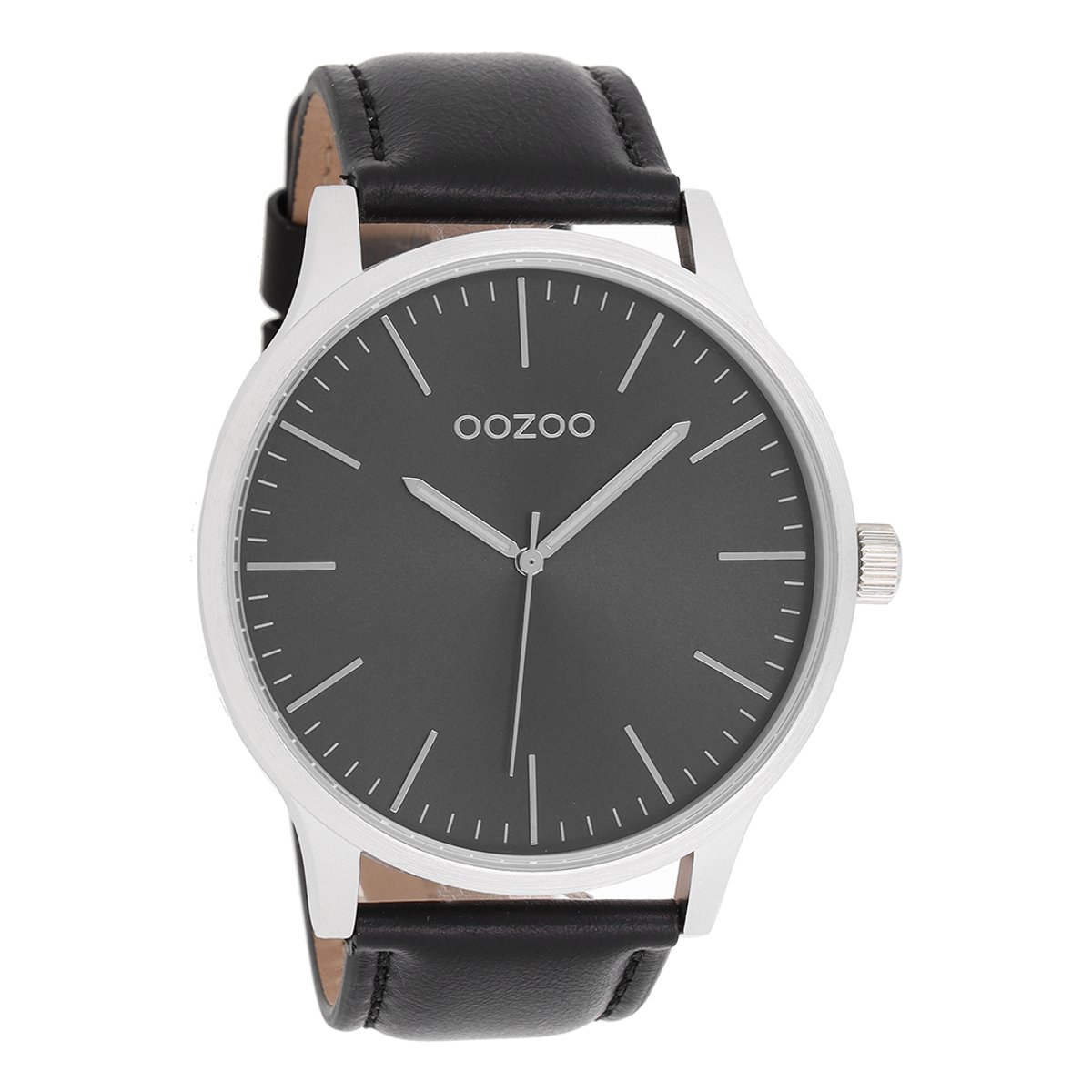 OOZOO Timepieces - Zilverkleurige horloge met zwarte leren band - C8539
