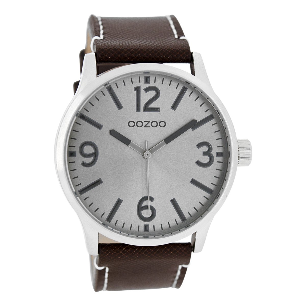 OOZOO Timepieces - Zilverkleurige horloge met donker bruine leren band - C7407