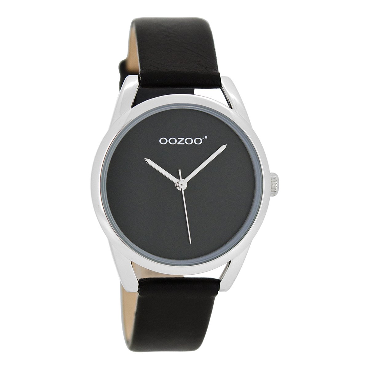 OOZOO Timepieces - Zilverkleurige horloge met zwarte leren band - JR294