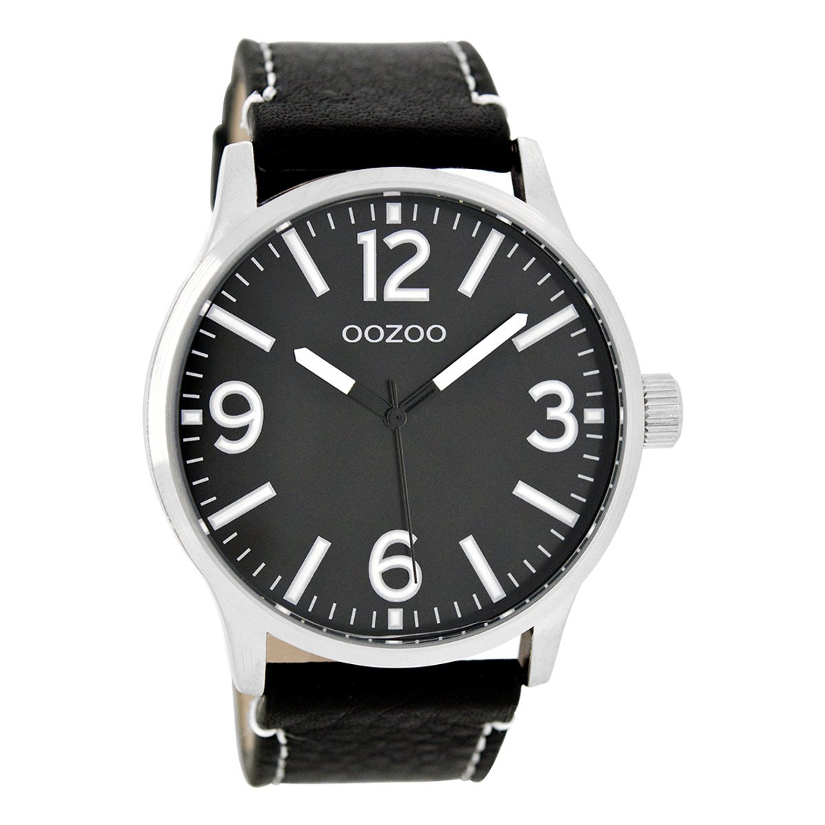 OOZOO Timepieces - Zilverkleurige horloge met zwarte leren band - C7409