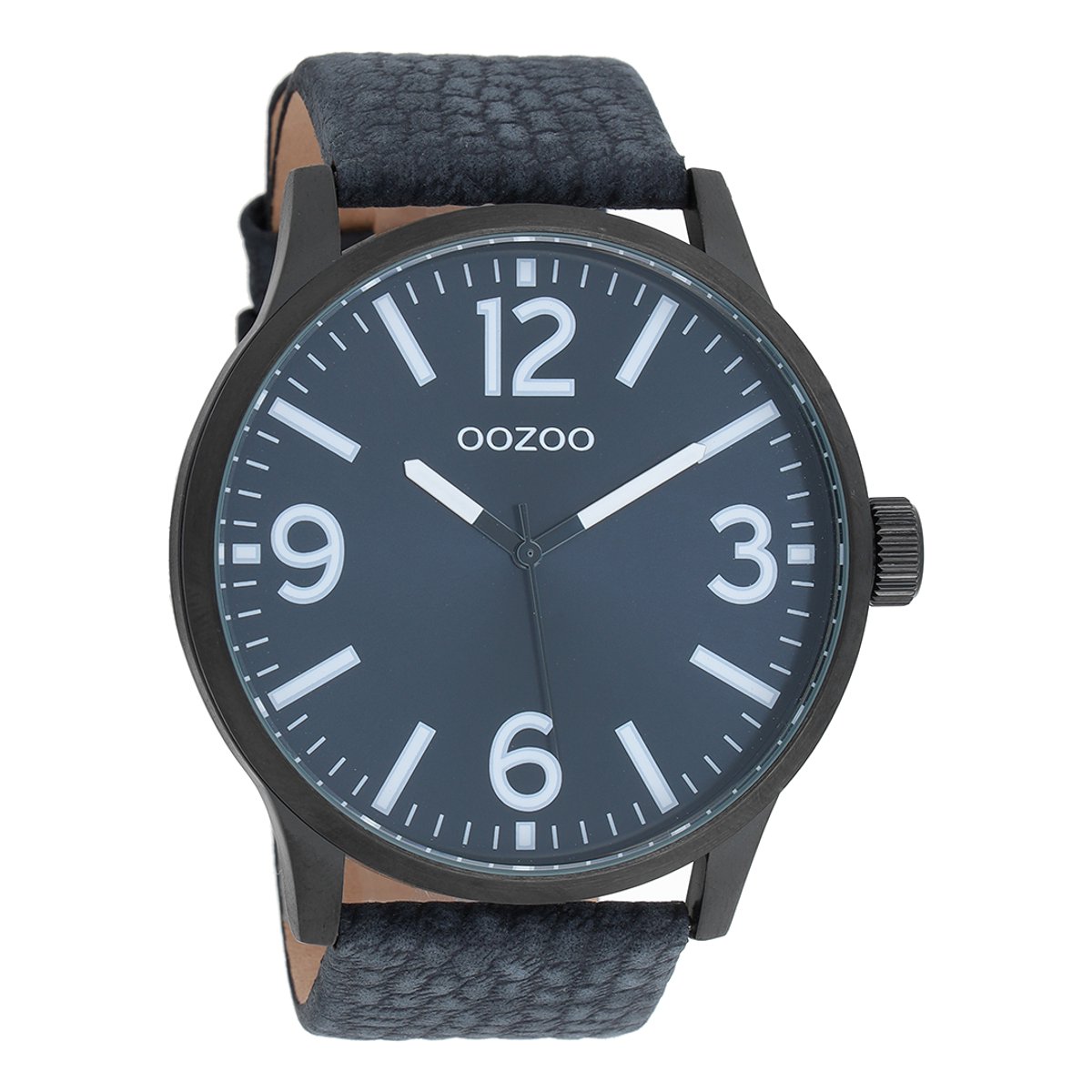 OOZOO Timepieces - Zwarte horloge met donker blauwe leren band - C8572