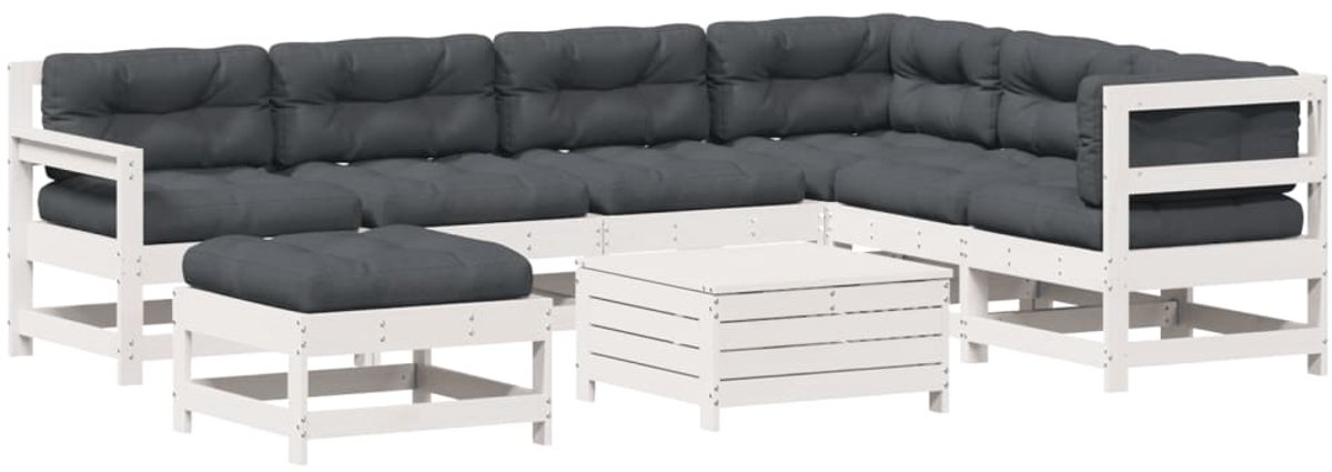 The Living Store 8-delige Loungeset met kussens massief grenenhout wit - Tuinmeubleset - Lounge Set - Buitendecoratie - Teak Hout - Garden Furniture