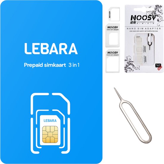 Lebara prepaid simkaart €5 beltegoed & 50MB | inclusief Noosy adapterset met pinnetje