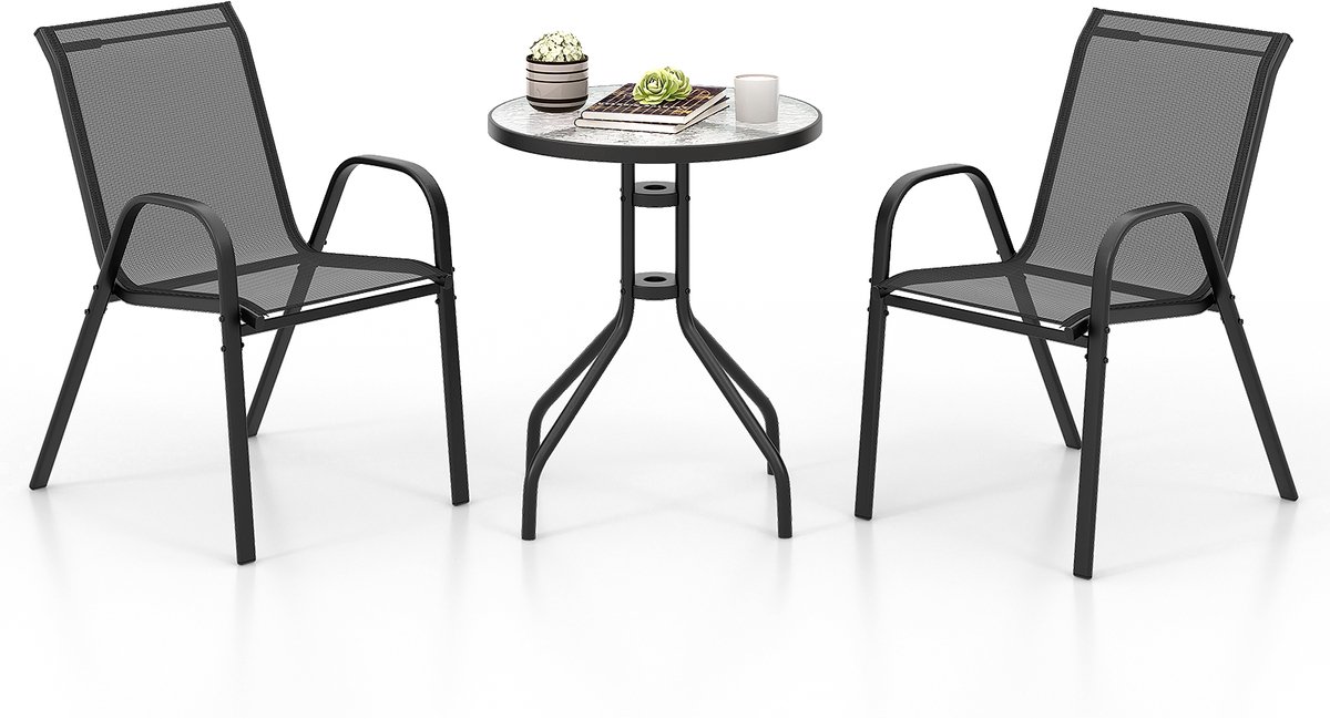 COSTWAY 3-delige balkonmeubelset, bistrotafel met 2 stapelbare stoelen, balkonset, bistroset, tuinset, tuingereedschap, tuinmeubelen, zitgroep voor tuin, balkon