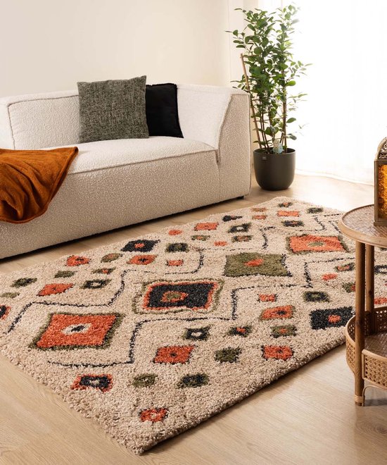 Tapis artisanal bohème à poils longs - beige/multi 200x300 cm