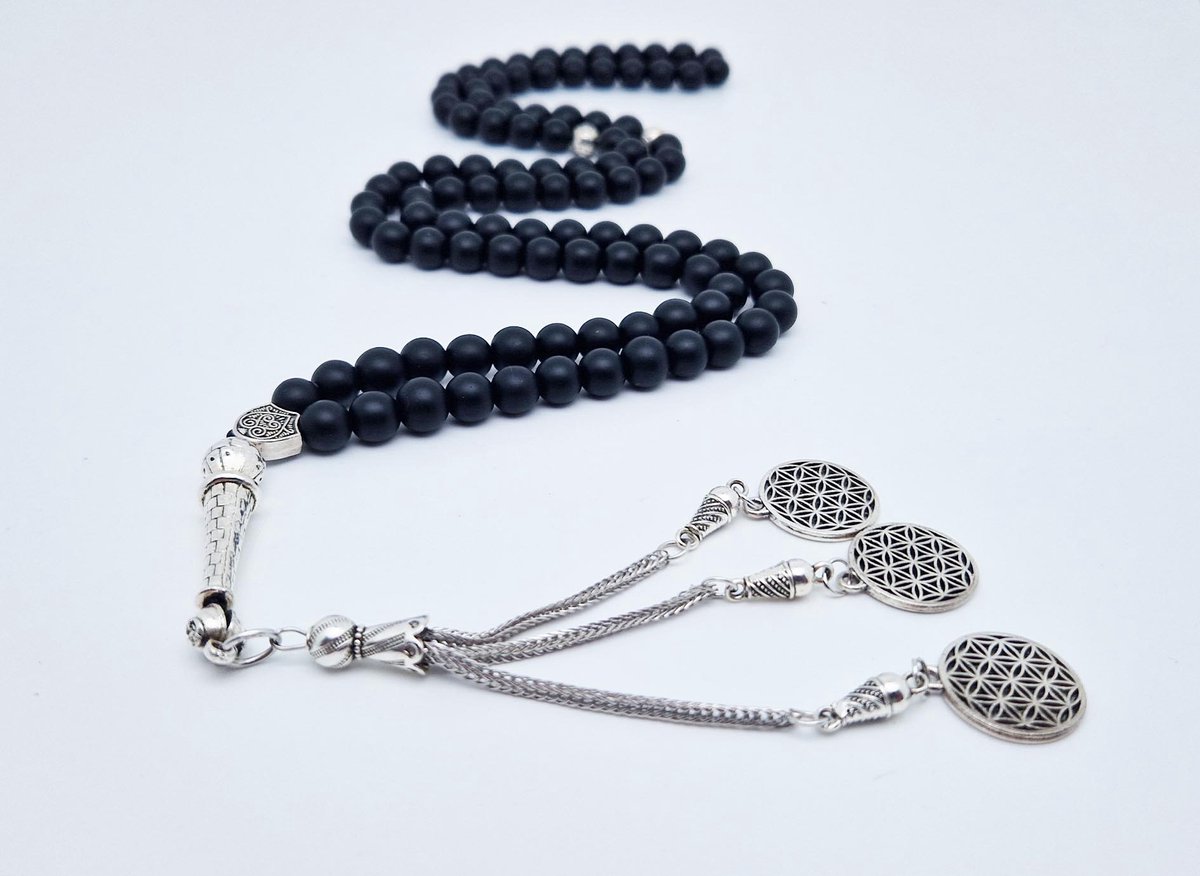 Handgemaakte tesbih "Tasbih" natuursteen "Mat zwart onyx" - Aantal kralen 99 - Diameter kralen 8MM - met metaal tassel "Harmonie" - Een mooi cadeau-idee
