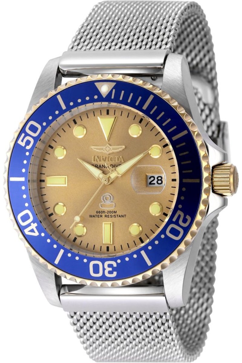 Invicta Pro Diver 48216 Heren Horloge - Waterdicht - Analoog - Quartz Uurwerk - Roestvrij Staal met gouden Wijzerplaat - 42mm - Met extra banden