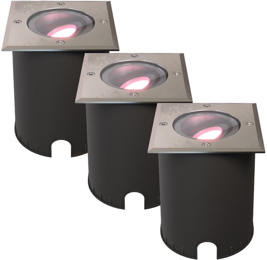 HOFTRONIC SMART HOFTRONIC - Set van 3 Cody Smart Grondspots XL RVS - Vierkant - Kantelbaar - RGB + WW - GU10 5,5W 345 Lumen - Smart Home tuinverlichting