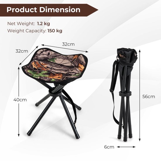 COSTWAY Set van 2 klapkrukken, campingkruk, opvouwbaar, licht, driepootkruk met schouderriem, draagbare campingkruk, belastbaar tot 150 kg, viskruk voor kamperen, wandelen, jagen, vissen, reizen van Merkloos — afbeelding 5
