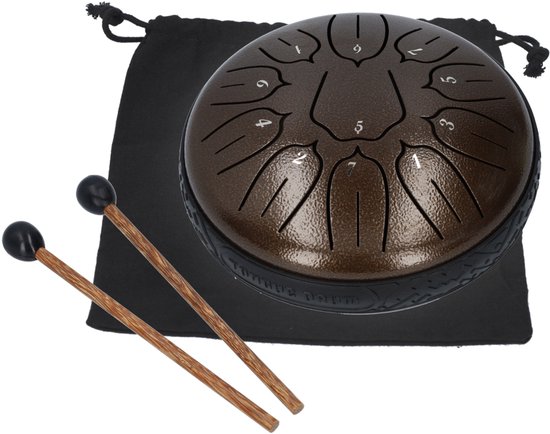 Handpan klankschaal - Medium tongue drum - Regen drum - Hemels muziek instrument, met 2 drumsticks! - 15.24 CM / 6 inch diameter - Donker bruin brons