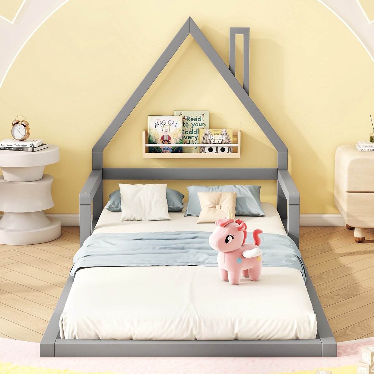 Kinderbed 90*200cm, vlak bed, huisvorm, massief grenen, eenvoudige vorm, grijs
