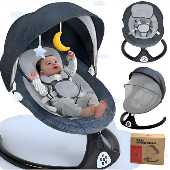 Elektrische Wipstoel | Schommelstoel baby- INCL dinerbord- Relax Met Kap & Speelboog- met Timer Afstandsbediening Bluetoothmusic - 5 Zwenksnelheden en 3 Zitposities - Babyschommel - Donkergrijs-KHIDO-