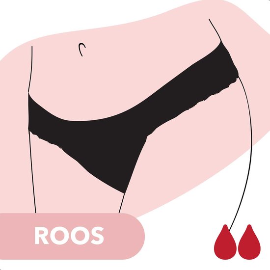 Illustration d'une culotte string noire en dentelle avec deux gouttes rouges. ROOS.