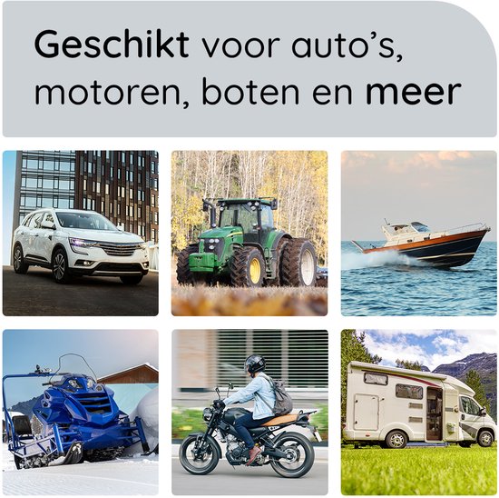Collage van voertuigen: auto, tractor, boot, sneeuwscooter, motor en camper.