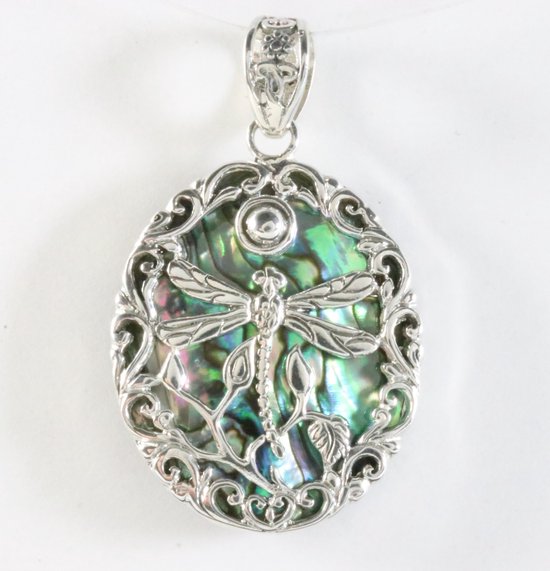 Pendentif ovale en argent avec libellule sur coquille d'ormeau