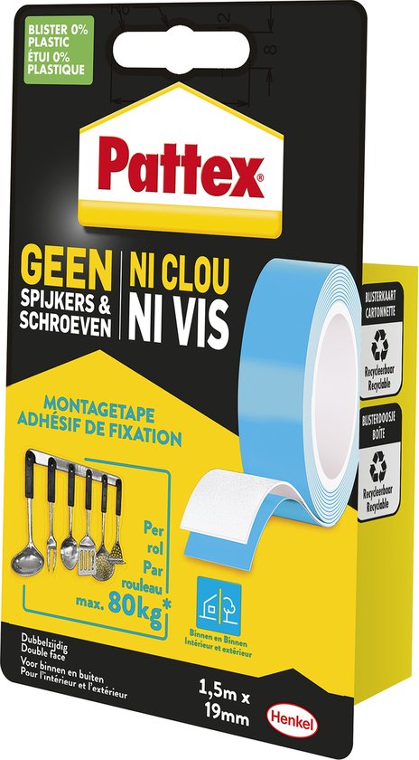 Pattex Montagetape dubbelzijdig 80kg | Voor binnen gebruik| 1.5m Dubbel Montage tape | Dubbelzijdige Plak-tape.