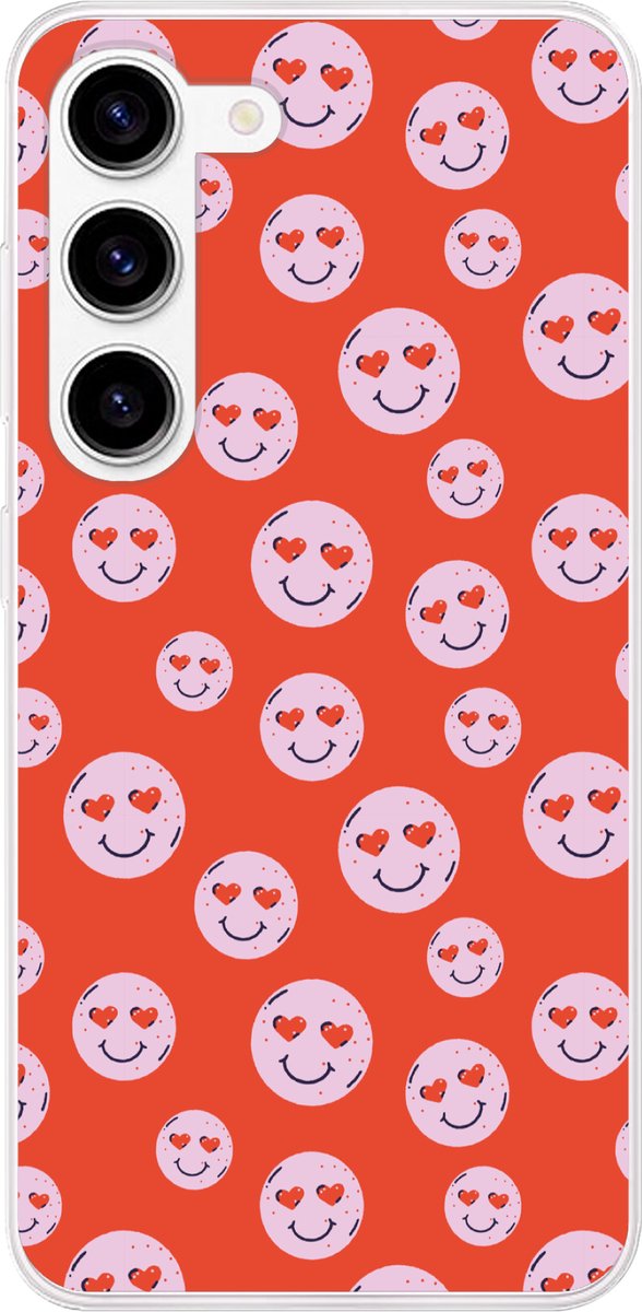 Telefoonhoesje Geschikt voor Samsung Galaxy S23 hoesje - Smiley - Patroon - Hartjes - Rood - Roze - Siliconen Telefoonhoesje Telefoonhoesje