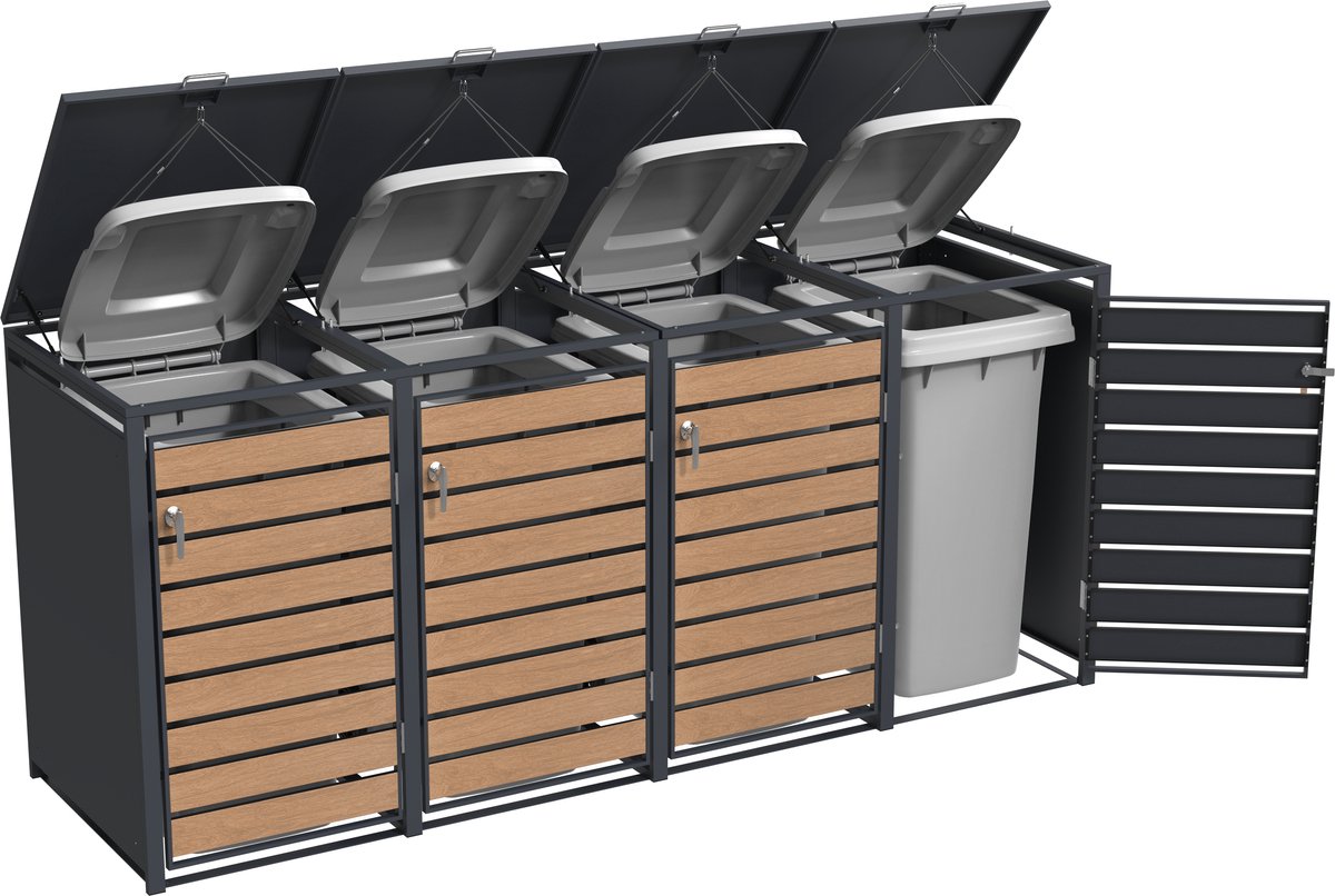 TuinChamp Containerberging staal houtlook 4 containers - Kliko ombouw - Containerberging 4 containers - Containerkast - Container box voor buiten - Kliko ombouw voor 4 kliko's