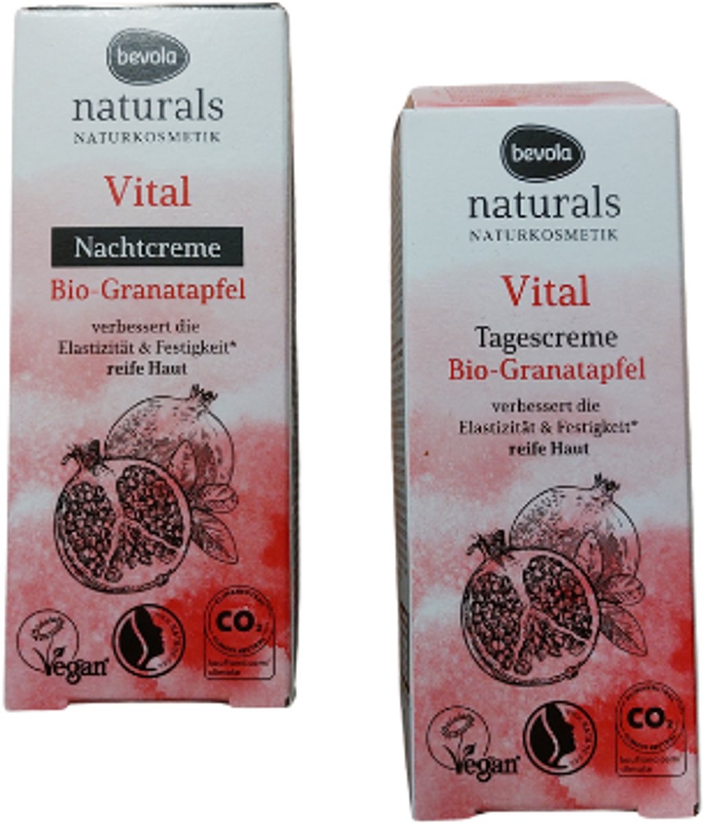 Bevola Naturals Dag- & Nachtcrème - Vital Dag- & Nachtcrème - Natuurlijke Ingrediënten | 2x 50ml - Bio-Granaatappel | Verstevigd en Verbeterd de Elasticiteit van de Huid - Vegan