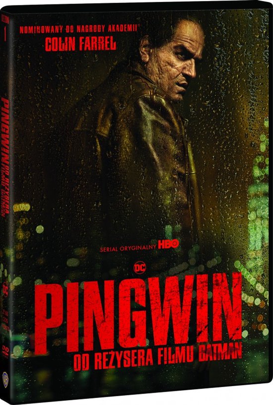 DVD-hoes voor 'The Penguin' met Colin Farrell, getoond in een leren jas met regen op de achtergrond.