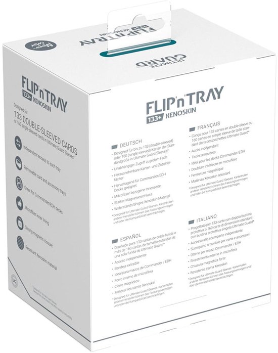 De verpakking van de Ultimate Guard Flip'n'Tray 133+ Xenoskin in diverse talen met productkenmerken.