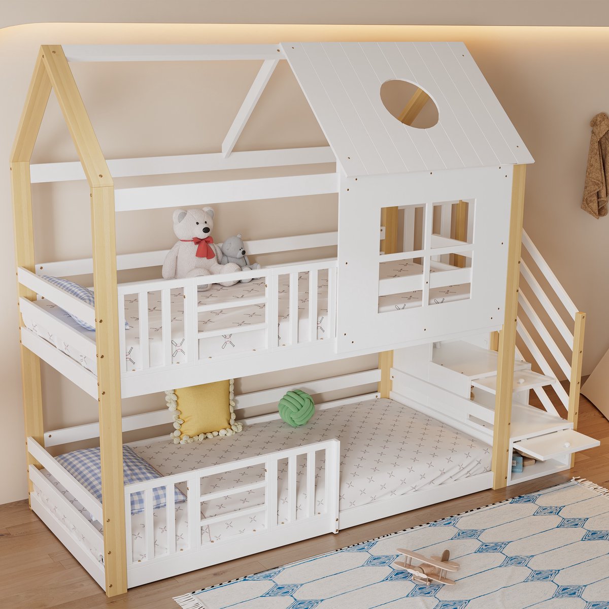 Sweiko Stapelbed - 90x200 cm - Met opbergtrap - Den + MDF - Wit + Natuurlijk
