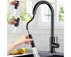 Wasserhahn Küche Schwarz,360° Schwenkbar Spültischarmatur Küche,Hochdruck Küchenarmatur mit Brause Ausziehbar, Edelstahl Heiß Kalt Armatur Küche G3/8'' Verbindung-2- Strahlarten