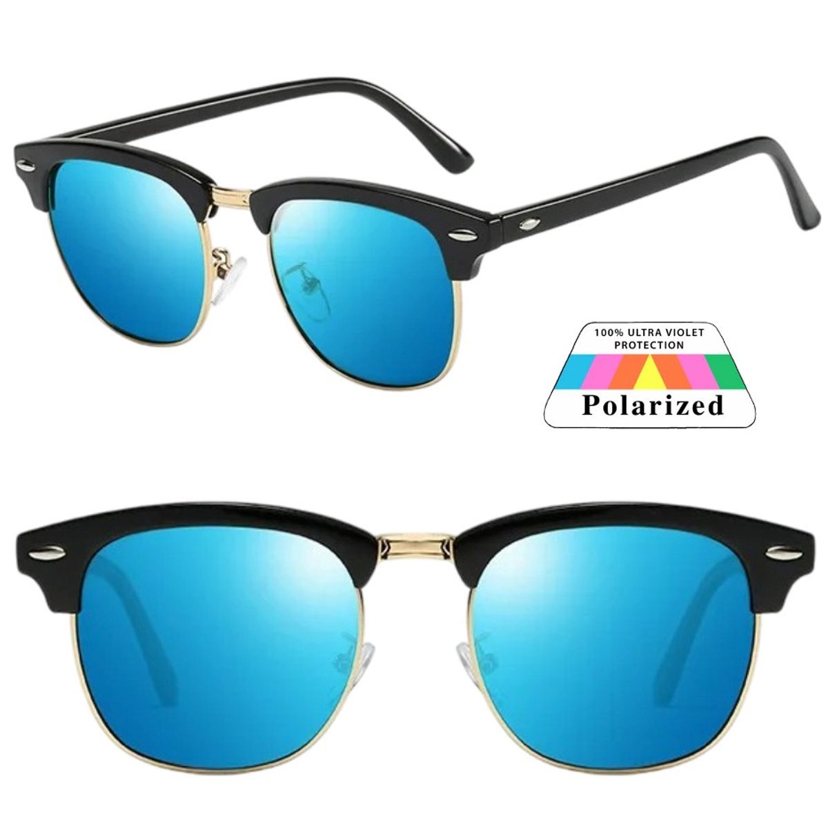 Fako Sunglasses® - Club Style Zonnebril - Polariserend - Dames - Heren - Zwart/Goud - Blauw