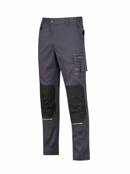 Pantalon de travail gris foncé avec genouillères noires, accents orange et bandes réfléchissantes.