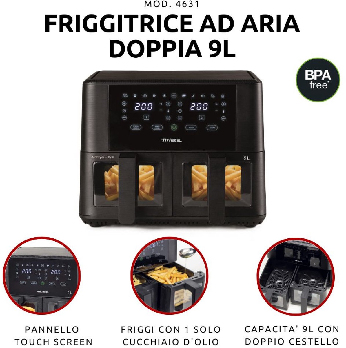 Afbeelding 3 van Ariete 4631 Dubbele Airfryer 9L 2400W Zwart