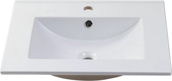 Lavabo rectangulaire en céramique blanche avec cuve intégrée et trou pour robinet. Vue de face.