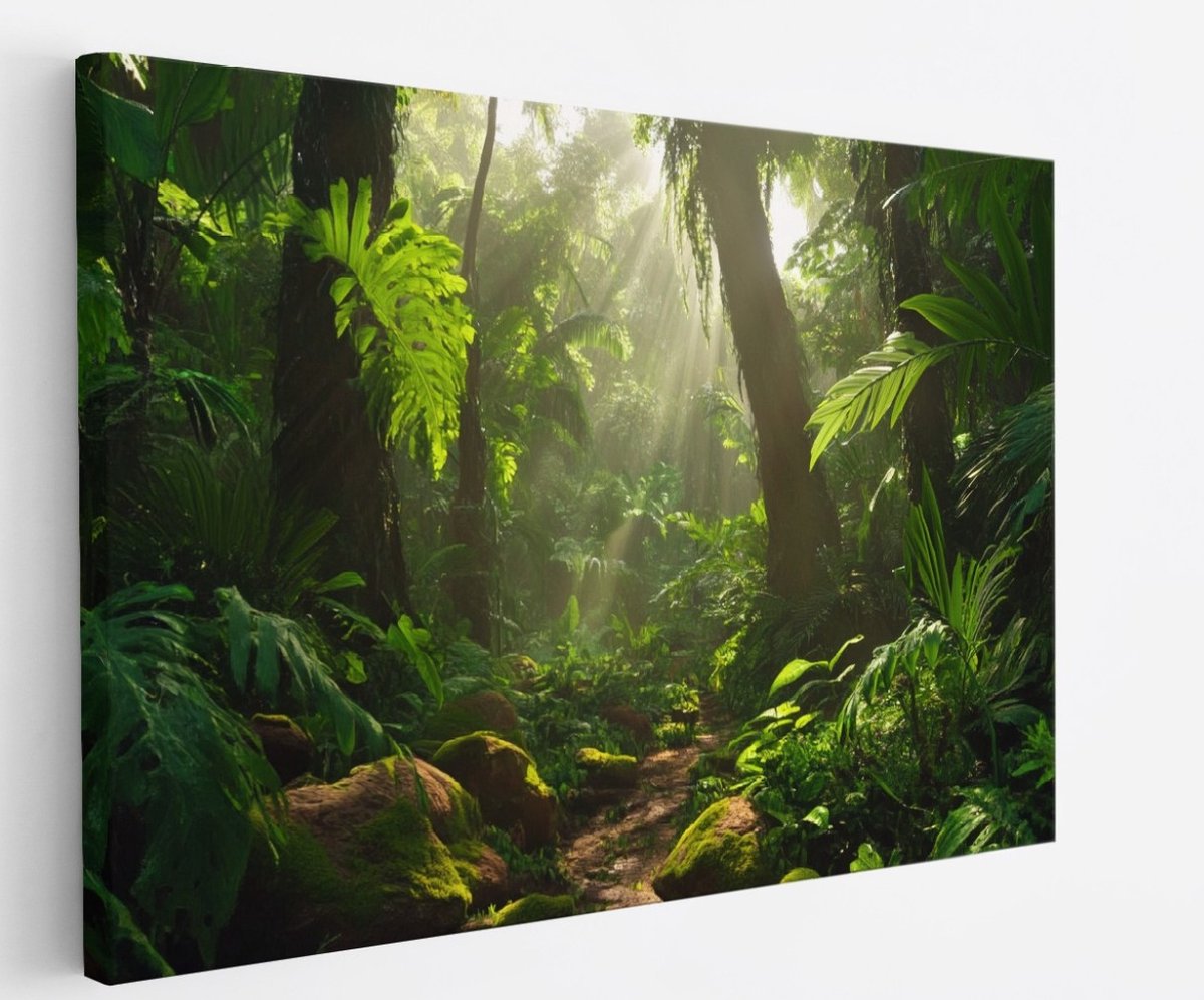Saammp Canvas Schilderij - Natuur - Jungle met zon - landschap - 70x50 - Foto op canvas - Wanddecoratie - Muurdecoratie Woonkamer - Slaapkamer decoratie - Canvas Print Multicolor