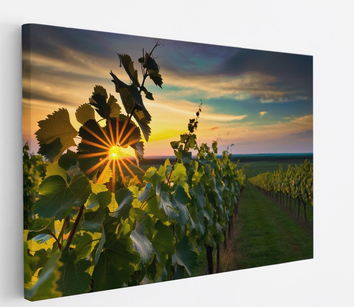 Saammp Canvas Schilderij - Wijngaarde met zonsondergang - Natuur - Landschap - 70x50 - Foto op canvas - Wanddecoratie - Muurdecoratie Woonkamer - Slaapkamer decoratie - Canvas Print Multicolor
