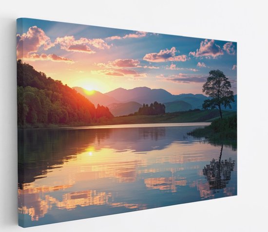 Saammp Canvas Schilderij - Groot meer met zonsondergang - Landschap - Natuur - 150x100 - Foto op canvas - Wanddecoratie - Muurdecoratie Woonkamer - Slaapkamer decoratie - Canvas Print
