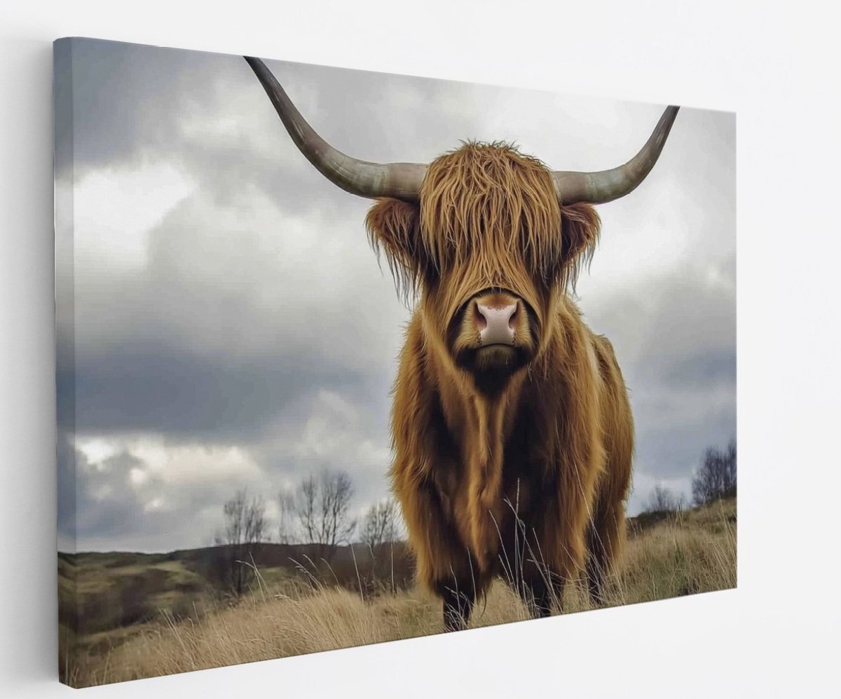 Saammp Canvas Schilderij - Hooglander koe in de wei - Schotland - Natuur - Dieren - 45x30 - Foto op canvas - Wanddecoratie - Muurdecoratie Woonkamer - Slaapkamer decoratie - Canvas Print Multicolor