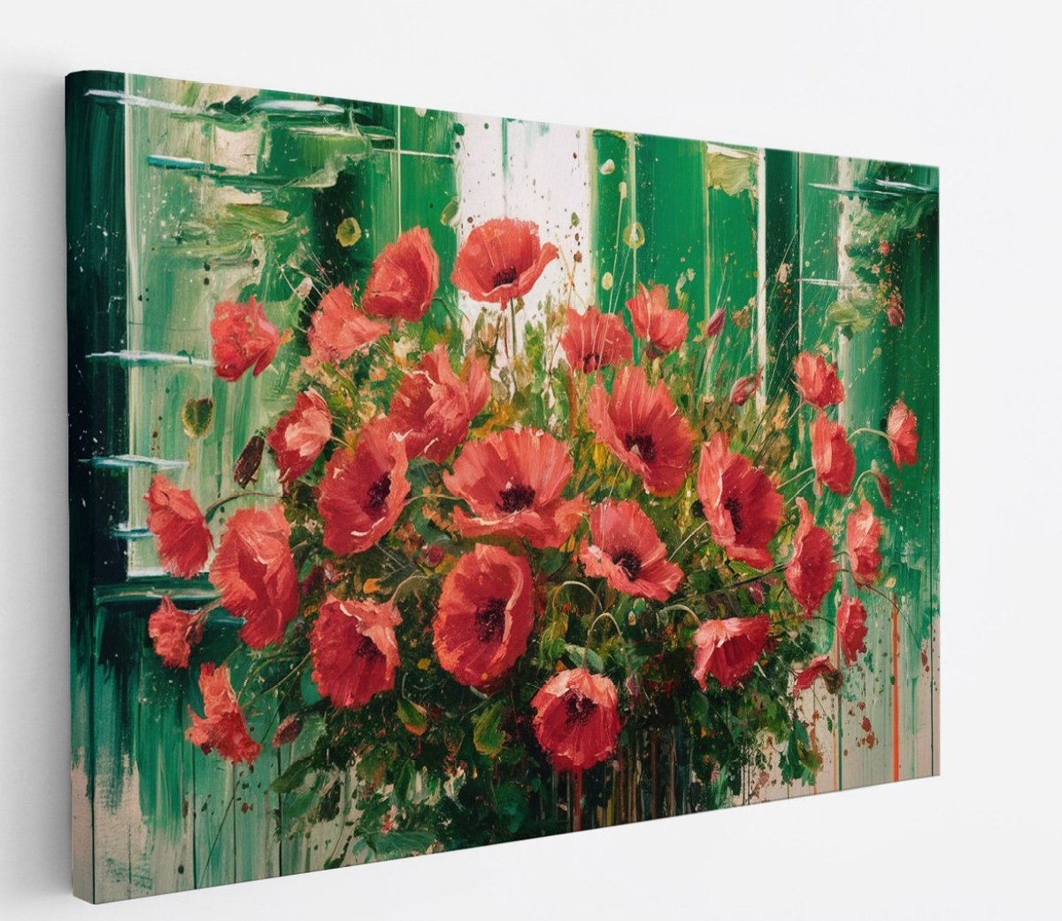 Saammp Canvas Schilderij - Rode bloemen - Abstract - Landschap - Natuur - 100x75 - Foto op canvas - Wanddecoratie - Muurdecoratie Woonkamer - Slaapkamer decoratie - Canvas Print Multicolor