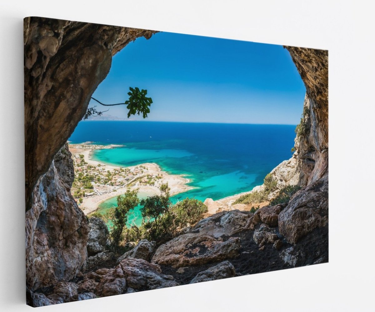 Saammp Canvas Schilderij - Kust vanuit een grot - Landschap - Natuur - 40x30 - Foto op canvas - Wanddecoratie - Muurdecoratie Woonkamer - Slaapkamer decoratie - Canvas Print Multicolor