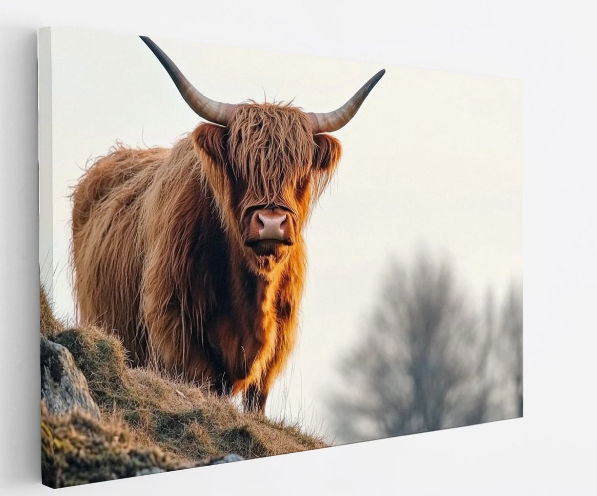 Saammp Canvas Schilderij Schotse Hooglander Koe op een Berg - Dieren - Natuur - 120x80 - Foto op canvas - Wanddecoratie - muurdecoratie Woonkamer - Slaapkamer decoratie - Canvas Print Multicolor