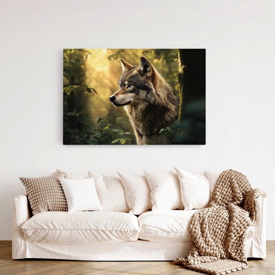 Saammp Canvas Schilderij - Wolf tussen de hoge bomen - Natuur - Landschap - 90x60 - Foto op canvas - Wanddecoratie - Muurdecoratie Woonkamer - Slaapkamer decoratie - Canvas Print